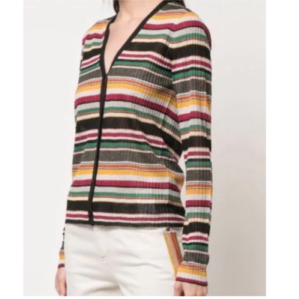 Veronica Beard |  Ribbed Button Front Multi Color Stripe V-Neck Cardigan